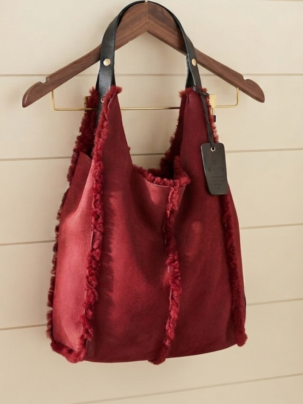 REHARD Italy Red Suede Shearling Fur Trim Tote Hobo Shoulder Bag Handbag